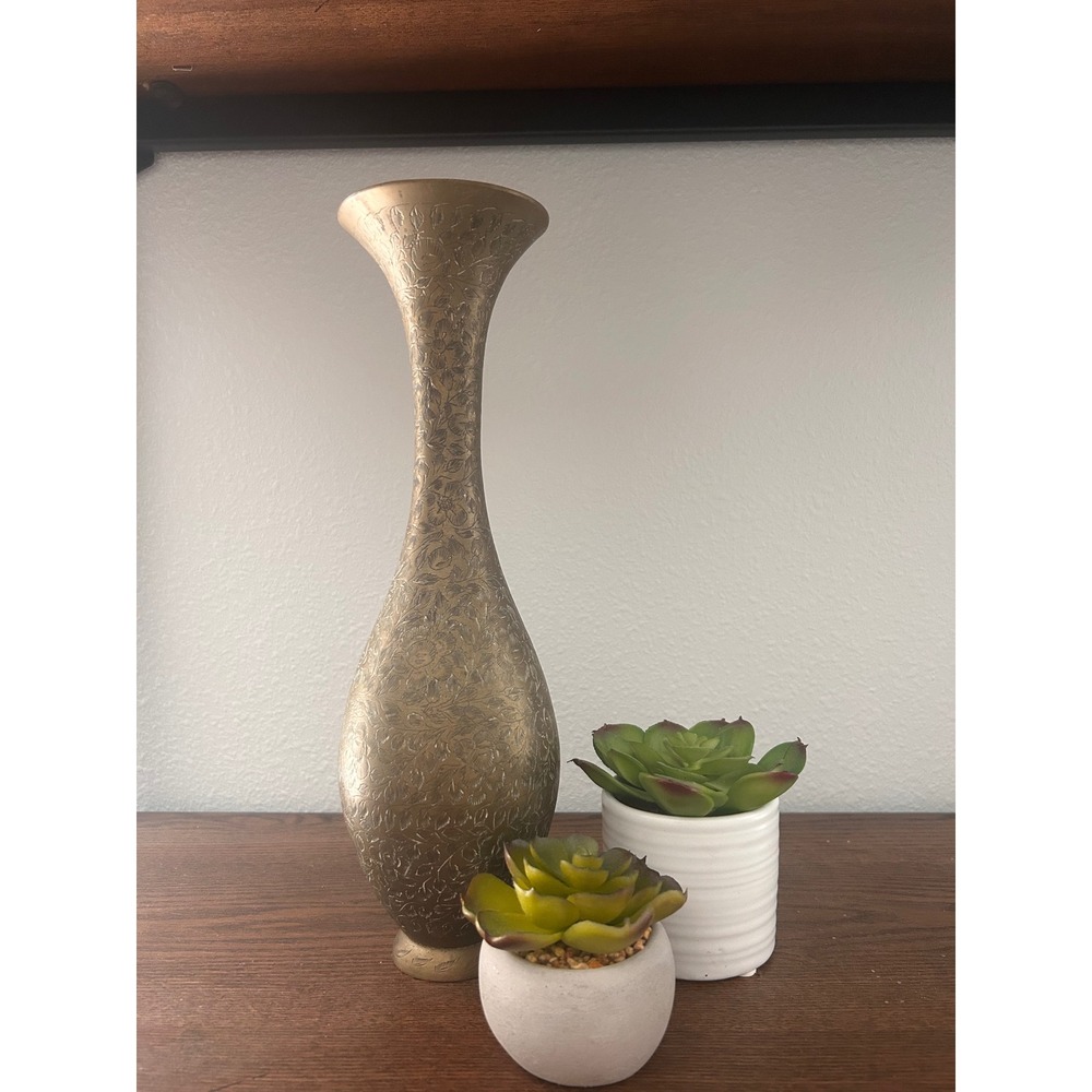 Vintage Etched Brass Bud Vase Hand Crafted Made in India Floral Design 8 Inch